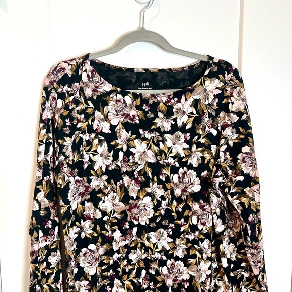 J. Jill Black Floral Supima Split Sleeve Tunic Long-Lined Modal Blend Size MT - Picture 3 of 5